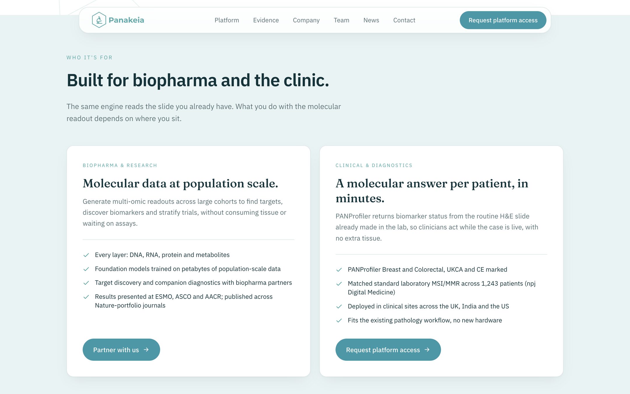 Two panels framing molecular data for biopharma and answers for the clinic