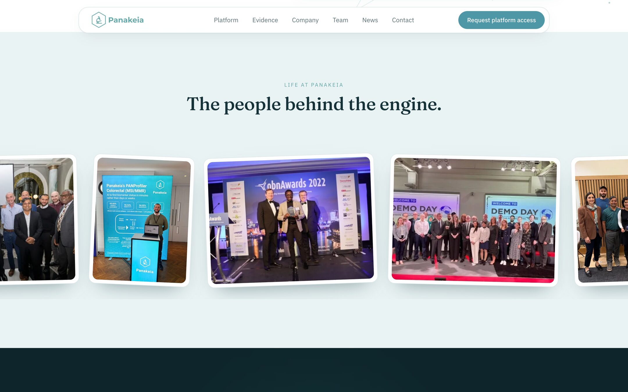 Photographs from demo days and conferences, fanned like polaroids